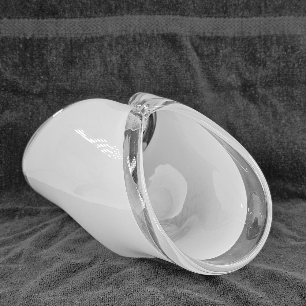 Modern Murano Style Hand Blown Art Glass Vase White Cased Glass Folded Rim Decor